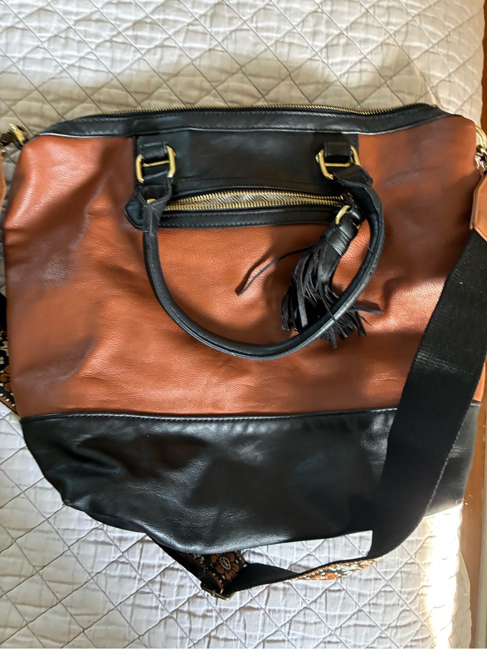 Steve Madden Brown and Black Leather Tote with Patterned Adjustable Strap - Picture 5 of 8